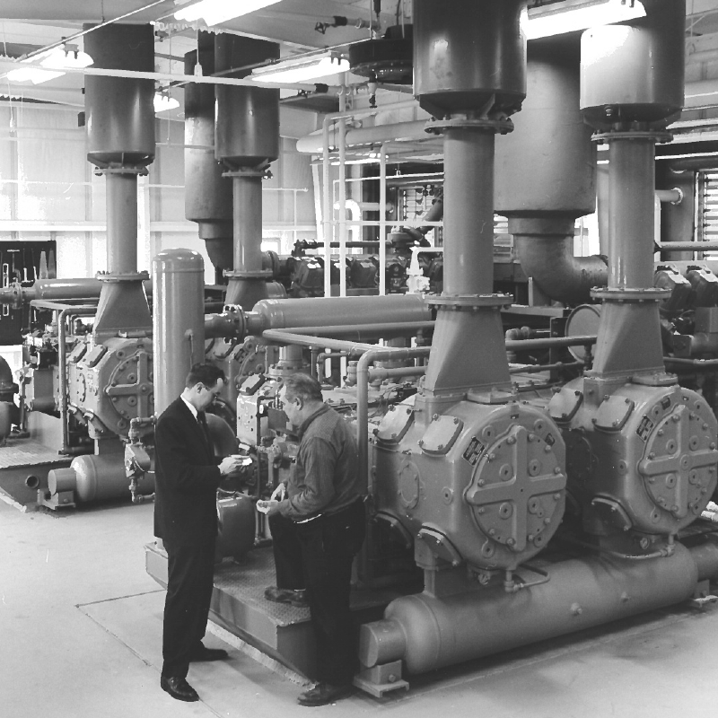 1950s Compressor cylinders attached to a Cooper-Bessemer engine driven 4 throw frame